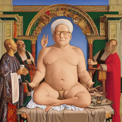 Image similar to hank hill as god and bobby hill as budai, italian renaissance religious painting, painting by carlo crivelli, painting by maso di banco, painting by berlinghiero