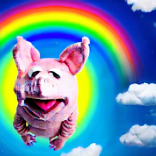 Image similar to studio photograph of a flying pig with wings depicted as a muppet in a blue sky with cotton ball clouds and rainbows