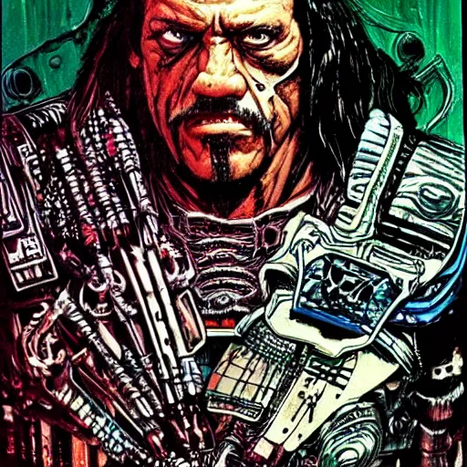 Image similar to danny trejo as a cyberpunk executioner, hyperdetailed, art by philippe druillet