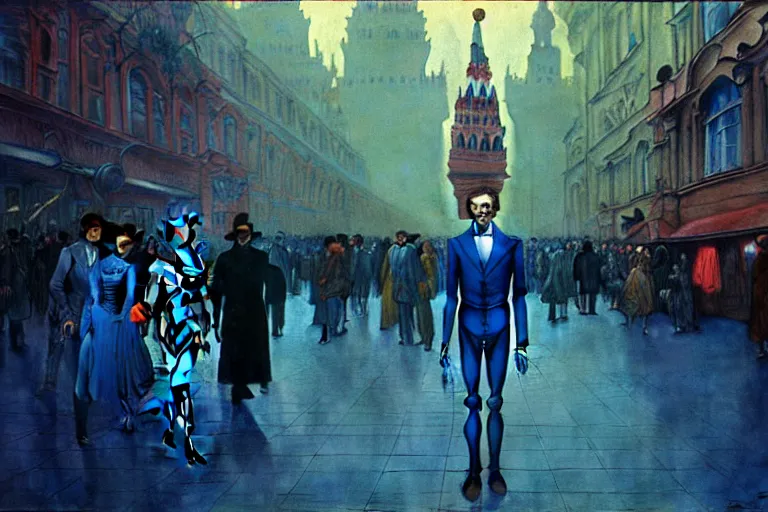 Image similar to realistic detailed photorealistic film portrait shot of a single skeleton wearing crimson velvet blazer in a crowded futuristic moscow street by Denis Villeneuve, Amano, Yves Tanguy, Alphonse Mucha, Ernst Haeckel, Andrei Tarkovsky, Edward Robert Hughes, Roger Dean, rich moody colours, wide angle, blue eyes