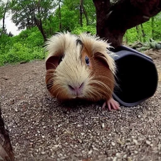 Prompt: a cute guinea pig caught on a trailcam nightvision footage