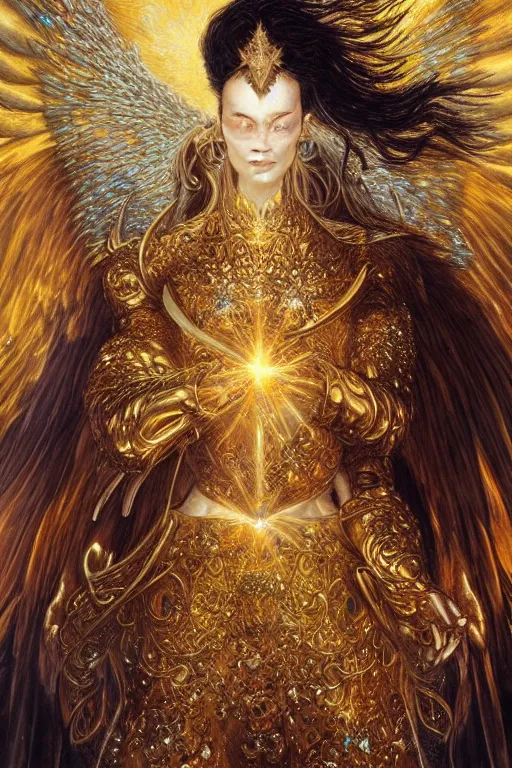 Prompt: beautiful angel with wings, golden diamond armor shining light, jewelry pearls, god rays by Karol Bak, Ayami Kojima, Amano