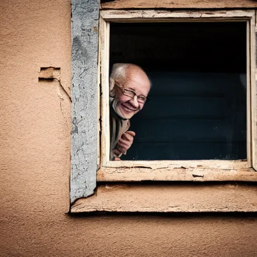 Image similar to an smiling old man peeking through a small window