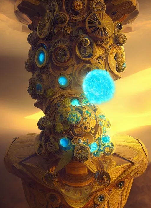 Image similar to flowers within the whole infinite capsule apparent with awe the apparition, an idea seep's into infinity highly detailed in volumetric latent space, golden turquoise steampunk, high contrast cinematic light, mystical shadows, sharp focus, divine realm of gods, octane render, artist by boris vallejo,