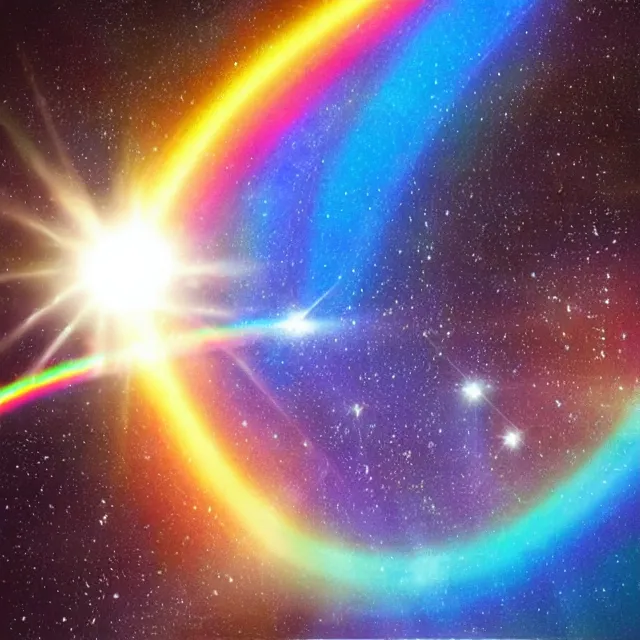 Image similar to rainbow beam of shiny light in space, vintage