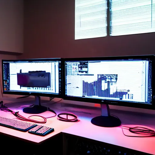 Image similar to desk with a dozen monitors, high tech, dark room, neon backlights, tower pc, cables glowing