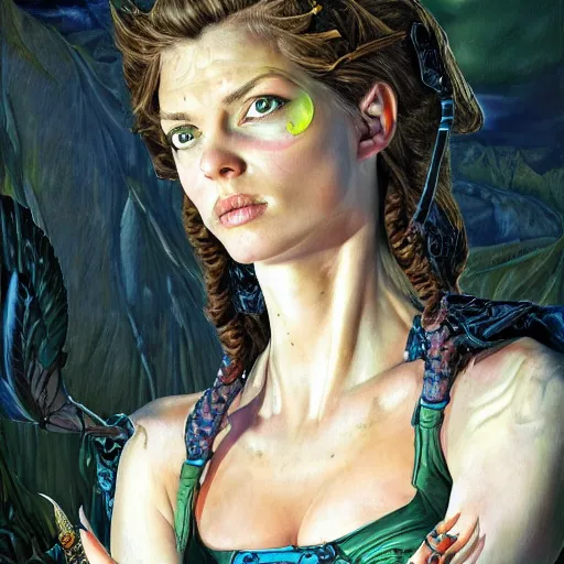 Image similar to high quality high detail portrait of a young gorgeous female warlock, fantasy, d & d, painting by lucian freud and mark brooks, hd