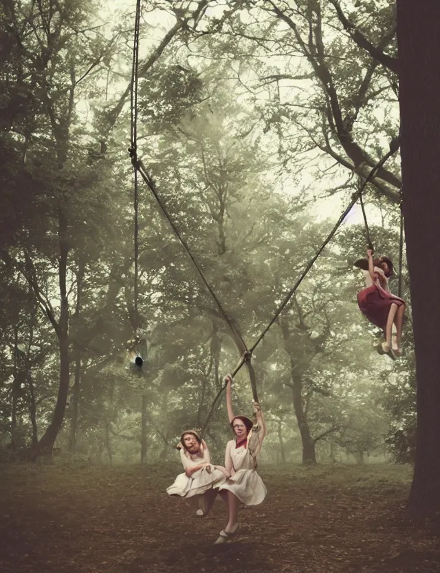 Image similar to two girls in vintage dresses happily swing on hanging swings in the forest, motion photo, Cottage core, Cinematic focus, Polaroid photo, vintage, neutral colors, soft lights, foggy, by Steve Hanks, by Serov Valentin, by lisa yuskavage, by Andrei Tarkovsky, by Terrence Malick, by Krenz Cushart, 8k render, detailed, oil on canvas