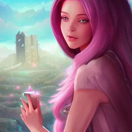 Image similar to Pink Vapor Enchantress Overlooking her Village, illustration, digital art, illustration, artgerm, cgsociety, fantasy, magic