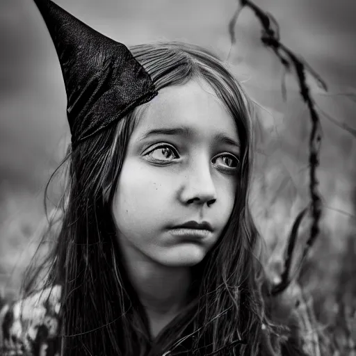 Image similar to stunning portrait photography of young beautiful witch princess from national geographic award winning, dramatic lighting, taken with canon 5d mk4, sigma art lens, monochrome