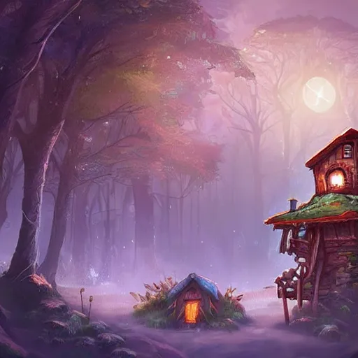 Image similar to a house, a man sitting before the house in the forest, night lighting, in hearthstone art style, epic fantasy style art, fantasy epic digital art, epic fantasy card game art