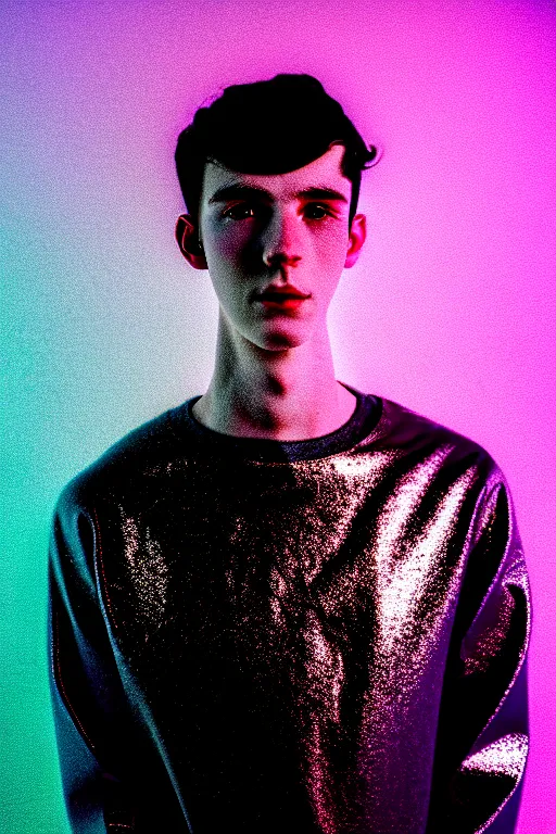 Image similar to high quality pastel coloured film mid angle selfie photograph of a beautiful young 2 0 year old male, soft features, black hair, standing in an icelandic black rock environment with reflective metallic clothing. atmospheric. three point light. photographic. art directed. ( pastel colours ). volumetric light. sheen. waves glitch. 8 k. filmic.