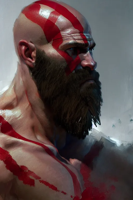 Prompt: god of war kratos half body detailed portrait dnd, painting, brush strokes by gaston bussiere, craig mullins, greg rutkowski, yoji shinkawa