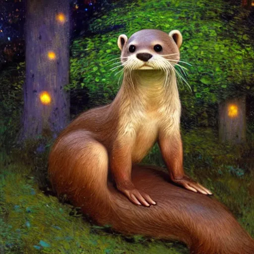 Image similar to a female otter in starfleet uniform at night in a dark forest. zootopia fursona furaffinity furry art detailed face painting by gaston bussiere craig mullins jc leyendecker gustav klimt artgerm greg rutkowski furry