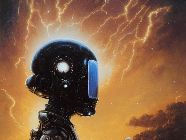 Image similar to a detailed profile portrait oil painting of a lone shock trooper in a space armour with reflective helmet, cinematic sci-fi poster. technology flight suit, bounty hunter portrait symmetrical and science fiction theme with lightning, aurora lighting clouds and stars by beksinski carl spitzweg and tuomas korpi. baroque elements, full-length view. baroque element. intricate artwork by caravaggio. Trending on artstation. 8k