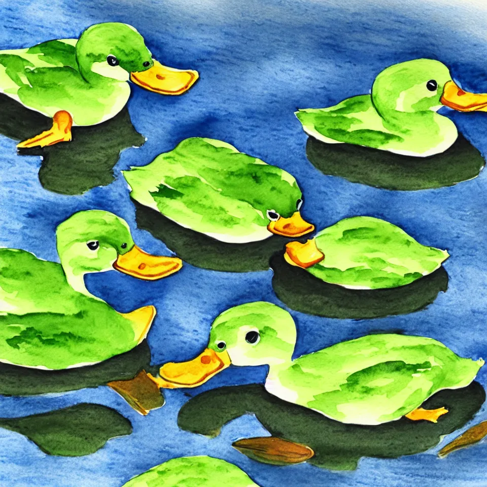 Image similar to watercolor of 3 ducks and 1 frog having a conversation on the side of a pond,