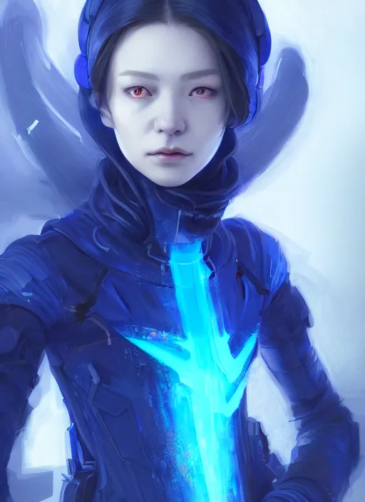 Prompt: full body portrait of a blue witch within a techwear. cynical face, concept art, fantasy illustration, intricate, highly detailed 8 k, smooth, sharp focus, beautiful and aesthetic shape of face and body, artgerm, artstation, art by zexi guo and nira and junpei suzuki and gharliera and rinotuna