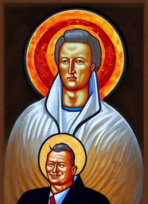 Prompt: president yeltsin with a bottle of vodka, icon with a halo, color art in a church style