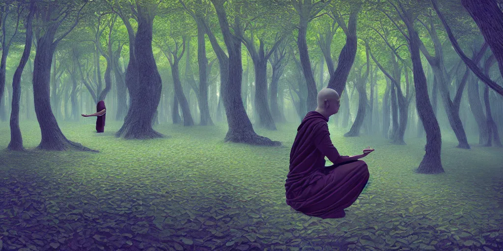 Prompt: neurograph, very very beautiful wide shot of a forest, monks on lsd, meditating, digital art, through a spherical lens, intricate, elegant, highly detailed, digital painting, trending on artstation, concept art, sharp focus, by rene magritte, moebius, wide shot, 8k resolution, in the style of surrealism!