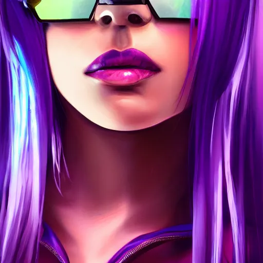 Image similar to closeup painting of a very beautiful young mexican cyberpunk woman with a smirk, wearing light blue venetian blind shades and a purple coloured leather jacket, one side haircut, long brown hair with light blue ends, portrait, hyperdetailed, artstation, cgsociety, 8 k, synthwave image