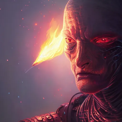 Image similar to highly detailed portrait of an alien with fire powers, in skyrim, stephen bliss, 8 k, unreal engine, fantasy art by greg rutkowski, loish, rhads, ferdinand knab, makoto shinkai and lois van baarle, ilya kuvshinov, rossdraws, tom bagshaw, global illumination, radiant light, detailed and intricate environment