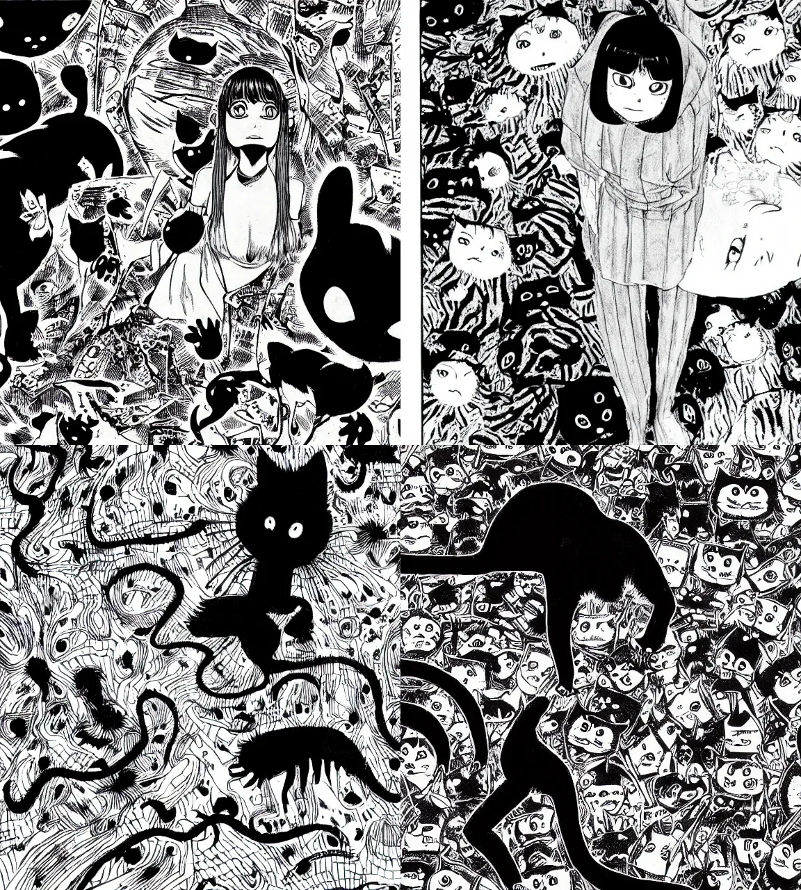 Prompt: junji ito's, 'huge black cat', manga, panel