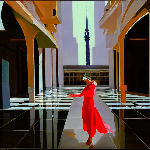 Prompt: beautiful woman, courtyard, capital, mosque interior, reflections, control panel, watcher, omniscient, tech noir, few neon signs, syd mead, matte painting, speed painting, chiaroscuro, oil on canvas