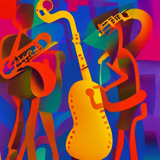 Prompt: a saxophone, a guitar, a drummer, and a keyboard player. jazz. party. fun. abstract. oil paint. digital image. highly saturated. whimsical. digital art, octane, ue 5, 8 k, 4 k, hq, concept art.