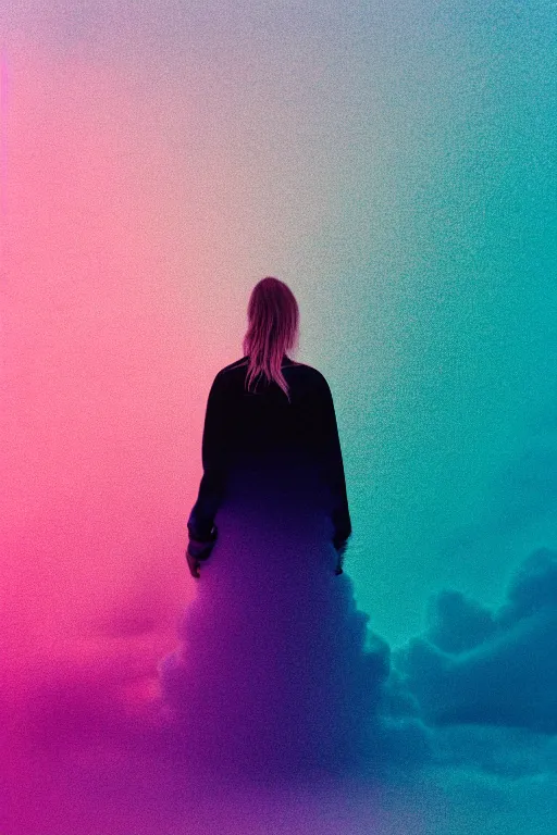 Image similar to high quality pastel coloured film photograph of a model wearing clothing resting on cloud furniture in a icelandic black rock environment in a partially haze filled dreamstate world. three point light, rainbow. photographic production. art directed. pastel colours. volumetric clouds. pastel gradient overlay. waves glitch artefacts. 8 k. filmic.