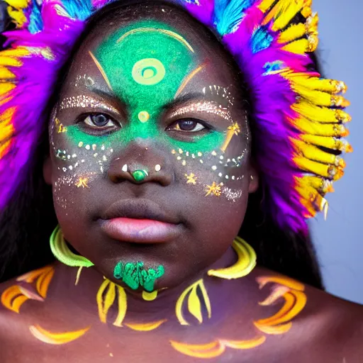 Image similar to minimalist photography portrait of an elaborately adorned female shaman warrior, face paint, symmetrical, super close up, mid thirties, cute round green slanted eyes, ebony skin, wide nostrils, chubby cheeks, high flat eyebrows, ethereal essence, angelic, leica 1 0 0 mm f 0. 8