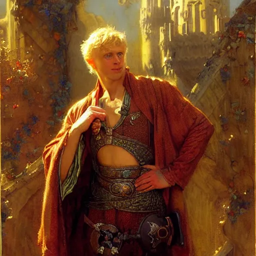 Prompt: handsome arthur pendragon in love with handsome merlin the mage. highly detailed painting by gaston bussiere, craig mullins, j. c. leyendecker