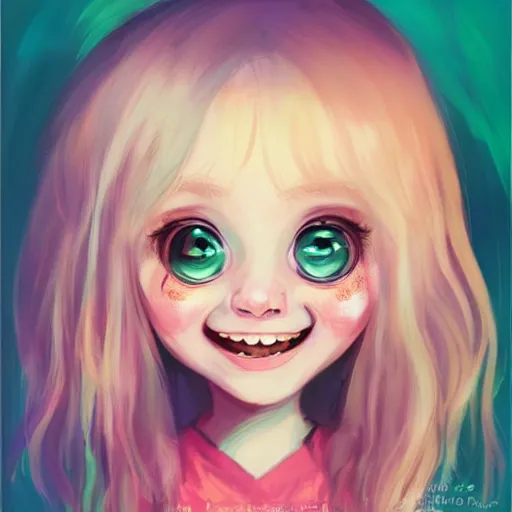 Image similar to Portrait of a beautiful little girl smiling with big eyes, as excited as the first time she ate sugar ,artwork by Ross Tran