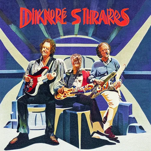 Prompt: Dire Straits playing and the crowd goes wild, cover art by Stephen Bliss, Boxart