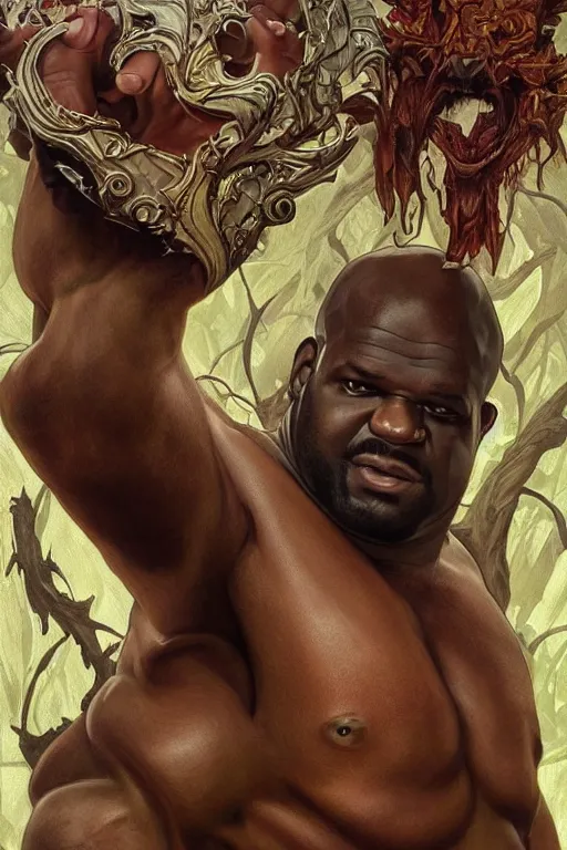 Image similar to portrait of shaquille o'neal as a hulking herculean demon, forest, godlike, full body, fantasy, intricate, elegant, highly detailed, digital painting, artstation, concept art, sharp focus, illustration, art by artgerm and greg rutkowski and alphonse mucha