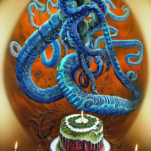 Prompt: full body shot of a giant birthday cake with tentacle arms by junji ito and james jean and esao andrews, lit birthday candles, 4 k, hyperdetailed, hyperrealistic, trending on artstation, pencil art on paper, horror, dramatic lighting