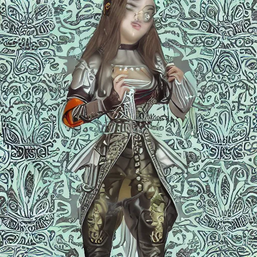 Image similar to dreary woman in dark fabrics, detailed pattern on clothes, in the style of spanish conquerors, silver, plastic, anime render, 8 k