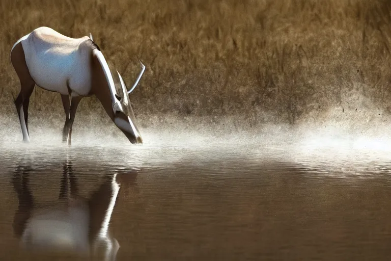 Image similar to ultra realistic nature photography, panoramic picture of ( subject : a beisa oryx drinking at a water hole ). wavy, scattered light entering from the water surface, artstation, focus on the beisa oryx, extremely hyperrealistic crisply sharp oryx, 8 k