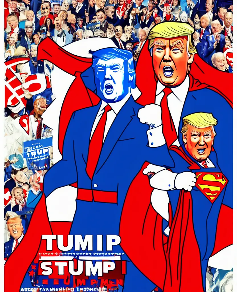 Image similar to a poster of donald trump in a superman with creepy joe biden costume by joe mangrum, trending on deviantart, futurism, movie poster, poster art, 3 2 k uhd, american propaganda, futurism, toyism