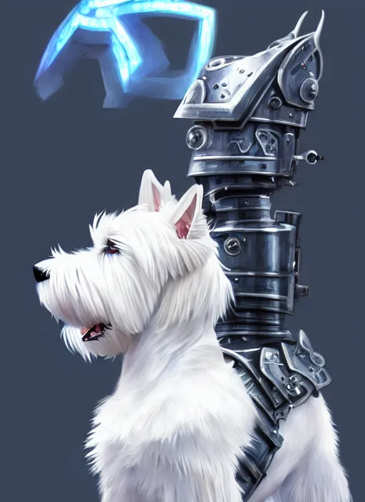 Image similar to a west highland white terrier, anime art style, wearing futuristic, led - lit armor, and a cannon mounted on his back, portrait, high detail, sharp focus, digital painting, artstation, concept art, art by hayao miyazaki and artgerm and greg rutkowski and alphonse mucha.