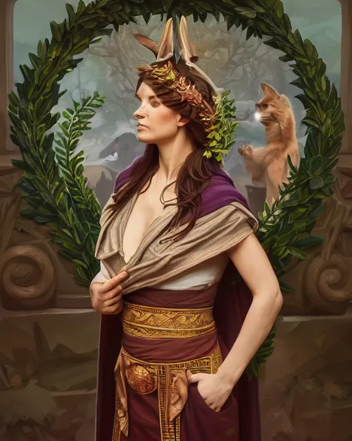 Image similar to a caracal wearing laurel wreath and a toga, photography of kurzgesagt, deep focus, d & d, intricate, elegant, highly detailed, digital painting, artstation, concept art, matte, sharp focus, illustration, hearthstone, art by artgerm and greg rutkowski and alphonse mucha