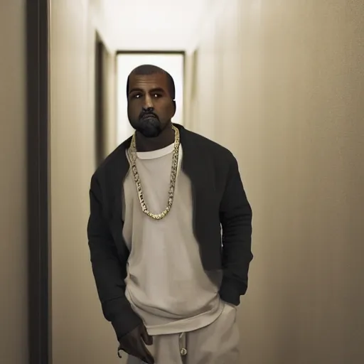 Prompt: kanye west in a long dimly lit office hallway, 4 k