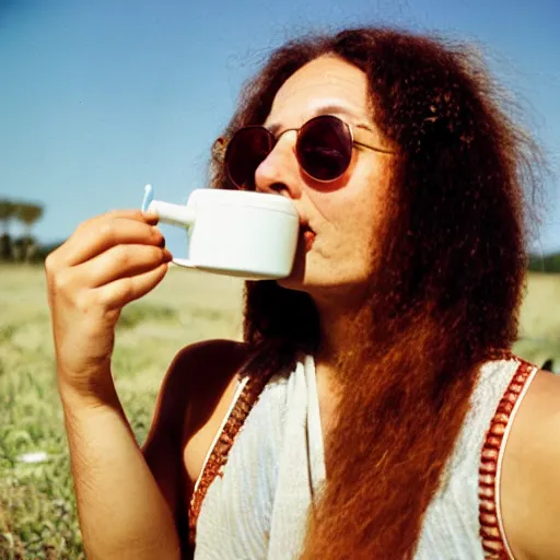 Image similar to portrait of a hippie drinking a coffee on the surface of the sun, kodak portra,