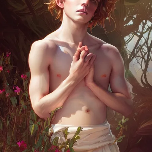 Image similar to young boy, light hair, gorgeous, son of peter pan, amazing, feminine, elegant, intricate, highly detailed, digital painting, artstation, concept art, sharp focus, illustration, art by artgerm and greg rutkowski and alphonse mucha