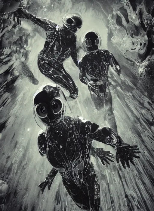 Image similar to astronauts in dark minimalists underwater pool - hyperdetailed suit. reflection and dispersion materials. rays and dispersion of light. volumetric light. 5 0 mm, f / 3 2. noise film photo. flash photography. ultra realistic, wide angle. poster by wayne barlowe, hajime sorayama aaron horkey, craig mullins. dark key.