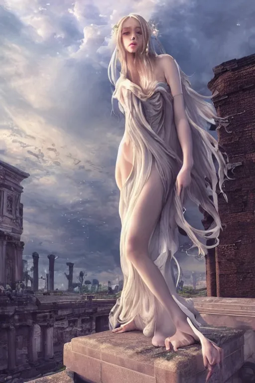 Prompt: a beautiful sorceress floating on air with elegant looks, flowing robe, ornate and flowing, intricate and soft by miho hirano, ruan jia, yoshitaka amano, wlop, beautiful roman architectural ruins in the background, epic sky, vray render, artstation, deviantart, pinterest, 5 0 0 px models