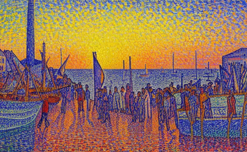 Image similar to crowd gathers to watch the sunset at tel aviv port, by paul signac, colorful, golden