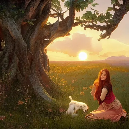 Image similar to young woman and a dog in a tree looking at the sun set, intricate, highly detailed, digital painting, artstation, concept art, smooth, sharp focus, illustration, Unreal Engine 5, 8K, art by artgerm and greg rutkowski and alphonse mucha