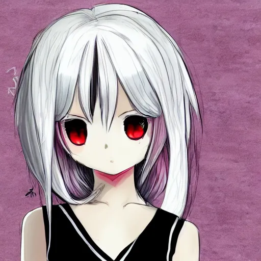 Image similar to white hair, red eyes, two small horn on the head, anime style, anime girl, sketch