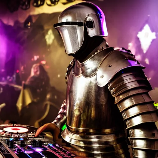 Prompt: photograph of a dubstep dj in holy cross knight armor djing during a medieval party, 8 k resolution, high detail