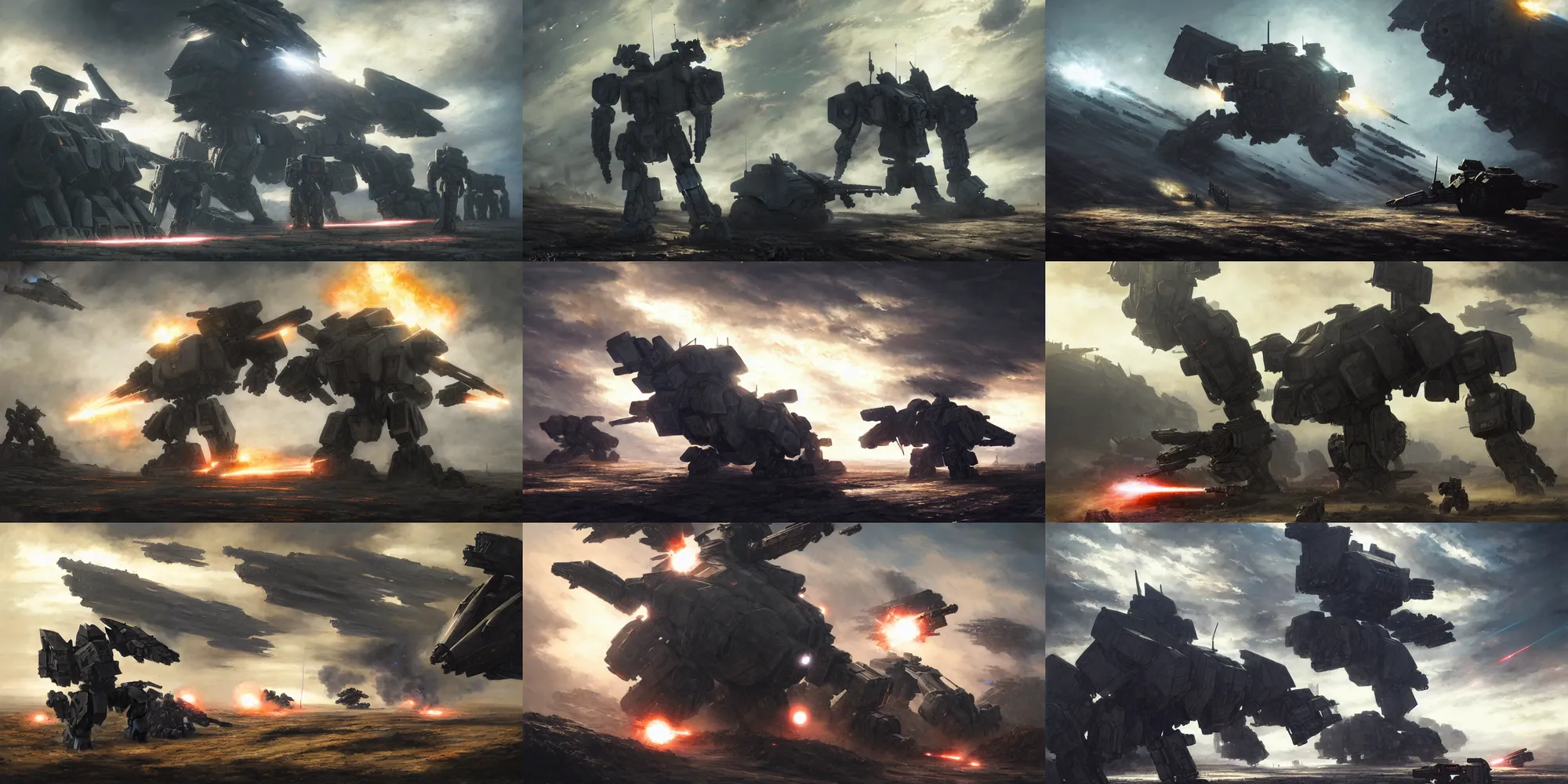 Image similar to an armored core on the ground, booster flares, legs, laser rifles, karst landscape, clouds, daylight ; detailed illustrations, pastel tones, deep colors, clear lines, motion blur, by jordan grimme, greg rutkowski